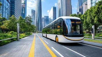 Futuristic electric bus traveling through smart city with tall buildings photo