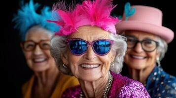 Celebrating life with laughter, three joyful seniors wear vibrant hats and sunglasses photo