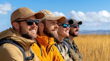 Exploring nature, group of tourists enjoys safari adventure together photo