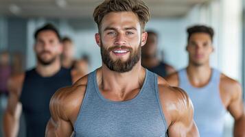 Strong bodybuilders training together, showcasing motivation and teamwork photo