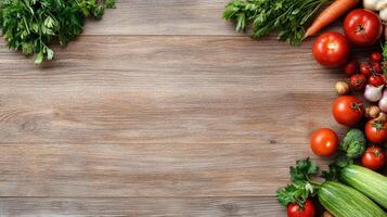 Fresh vegetables arranged on wooden table, perfect for healthy meals photo
