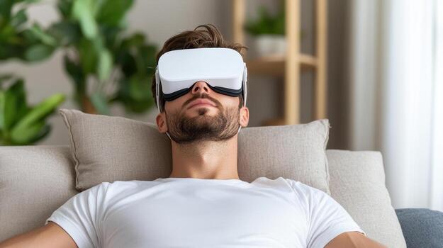 Immersive virtual reality experience with man using headset photo
