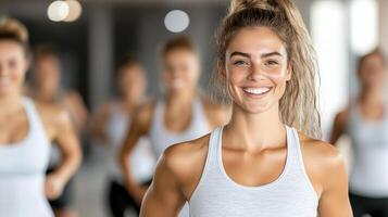 High energy fitness class with enthusiastic participants and smiling instructor photo