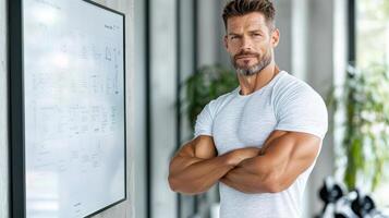 fit man stands confidently in modern gym, showcasing strength and focus photo