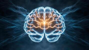 glowing brain with electric impulses representing neural activity photo