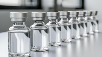 Clear glass vials lined up on table, containing liquid for medical use photo