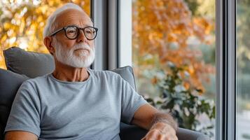 thoughtful elderly man gazes out window, reflecting on memories photo