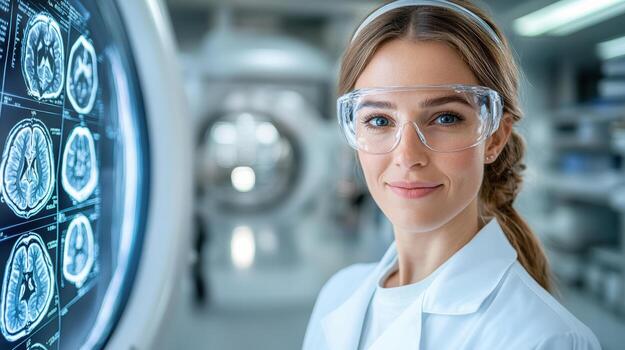 neuroscientist analyzing brain scans with confident smile photo