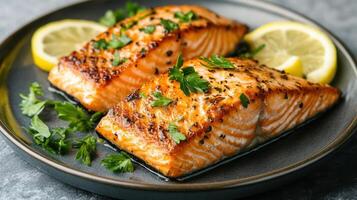 Perfectly seared salmon fillet garnished with herbs and lemon slices photo