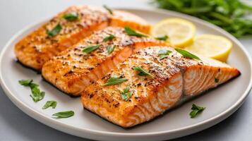 Perfectly seared salmon fillets garnished with herbs and lemon slices photo