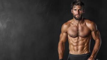 Strong cyclist with chiseled torso posing against dark background photo