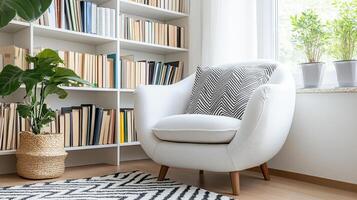 cozy white armchair beside bookshelf filled with colorful books photo