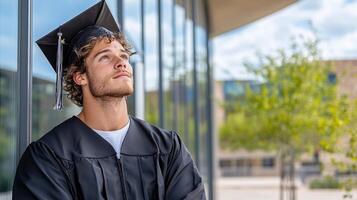 graduate looking up at sky in reflection, ready for future photo