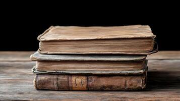 stack of vintage books with aged covers resting on wooden table photo
