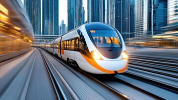 metro train speeding through urban landscape, showcasing modern architecture photo