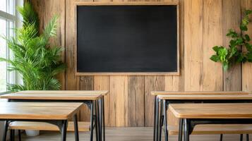 vintage classroom with wooden desks and chalkboard, evoking nostalgia photo