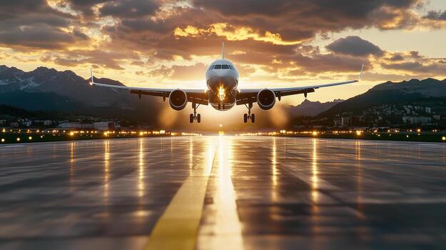 maravilloso avión tomando apagado a atardecer, con montañas en antecedentes foto