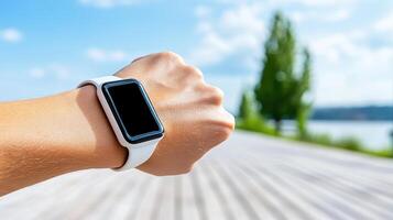smartwatch on wrist, tracking fitness metrics outdoors in nature photo