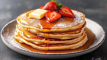 Fluffy pancakes stacked high, topped with syrup, butter, and strawberries photo