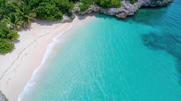 Aerial view of serene beach with turquoise water and white sand photo