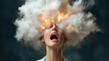 Surreal digital artwork of person with exploding cloud head, expressing intense emotion photo