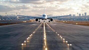 plane taxiing on runway at international airport during sunset photo