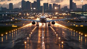 busy international airport at sunset with plane on runway photo