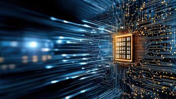 futuristic circuit board with glowing lines and central processor photo
