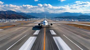 busy international airport with plane on runway and mountains in background photo