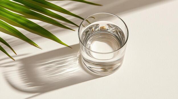 clear glass of water sits light surface, surrounded by green leaves, creating refreshing photo