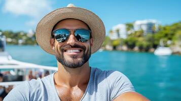 smiling man wearing sunglasses and straw hat on boat tour photo