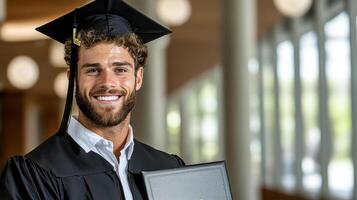 University graduate in cap and gown, proudly holding diploma with joy photo