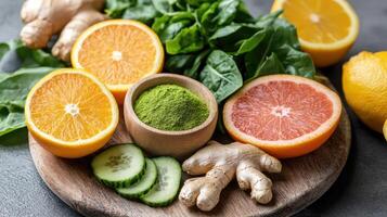 Fresh fruits and greens for immune boosting health benefits photo