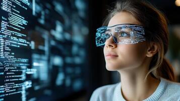 young student wearing digital glasses, immersed in technology and coding photo
