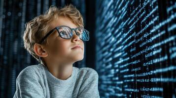 Young student with glasses gazing at digital data streams, curious and inspired photo