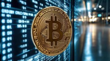 Bitcoin symbol on digital screen displaying cryptocurrency data trends photo