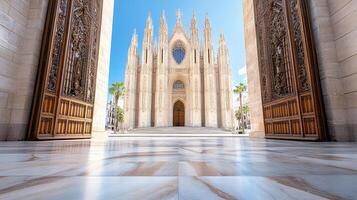stunning European cathedral with intricate gothic architecture, framed by grand doors photo