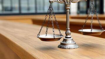close up of silver scale symbolizing justice in courtroom setting photo