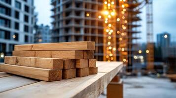 Wooden planks stacked on construction site with luxury apartment complex photo