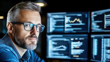 corporate executive reviewing cybersecurity policies with multiple screens photo