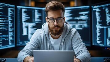 focused man working on laptop in tech environment with multiple screens photo