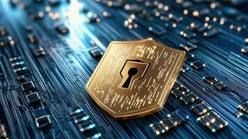 digital shield symbolizing cyber insurance on circuit board photo