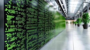 Digital stock exchange board displaying green numbers in modern setting photo