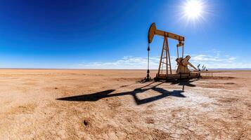 Desert landscape with oil pump jacks operating under bright sun photo