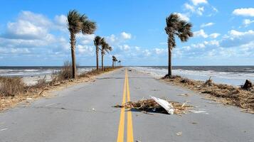 image depicts damaged road lined with palm trees, showcasing aftermath of natural disaster photo