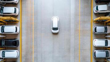 Aerial view of car parking structure with multiple vehicles arranged neatly photo