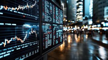 Stock market display showing financial data and trends at night photo