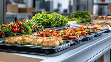 Freshly prepared food on display with vibrant vegetables and pastries photo