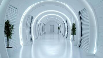 Futuristic biobank corridor with cryogenic storage and plants photo