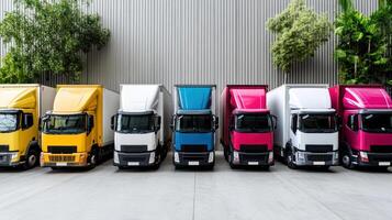 fleet of colorful cargo trucks lined up at warehouse, ready for transport photo